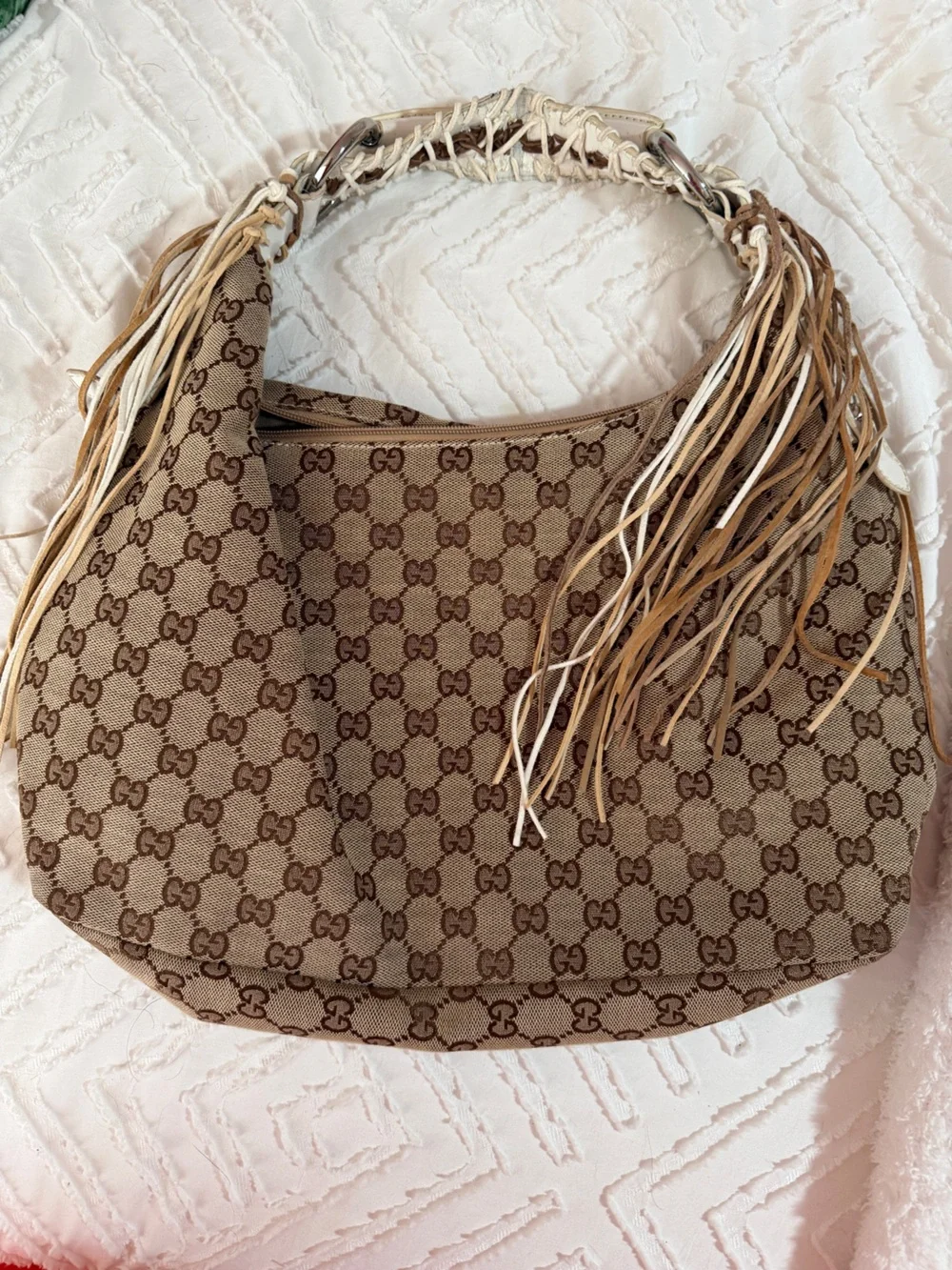Gucci repurposed Beige Brown GG Monogram Fringe Shoulder Bag